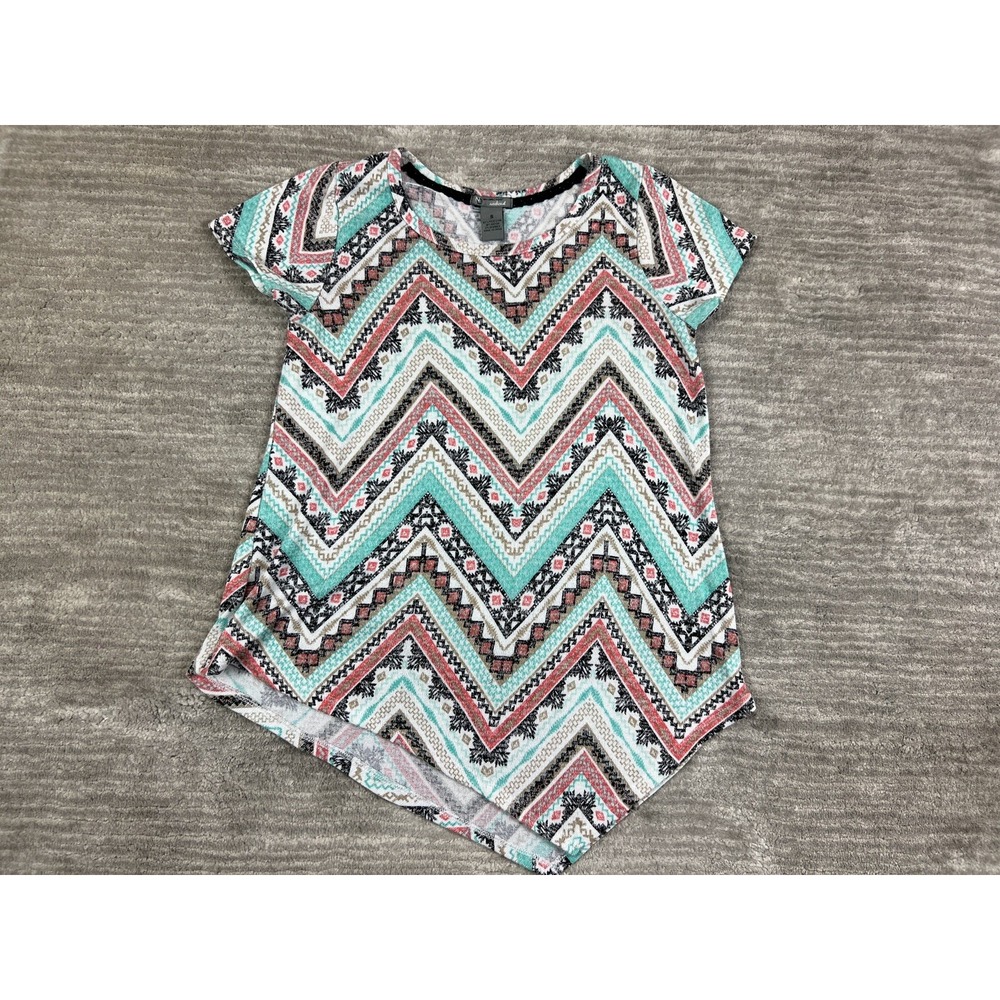 New Directions Weekend T-Shirt Womens Small Teal Pink Chevron Southwestern Top